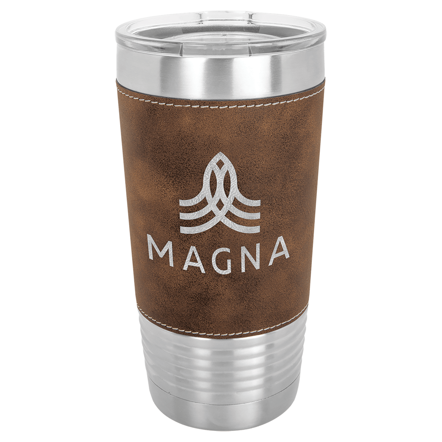 Personalized 20 oz. leatherette wrapped insulated tumbler with clear lid and custom engraved name