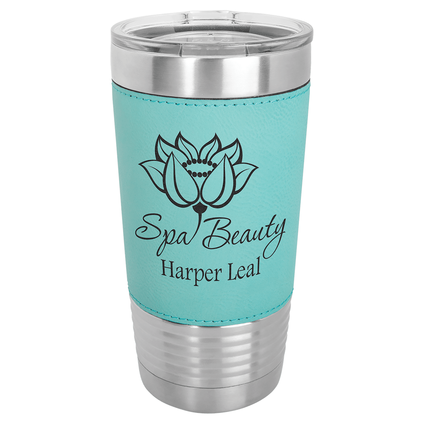 Personalized 20 oz. leatherette wrapped insulated tumbler with clear lid and custom engraved name