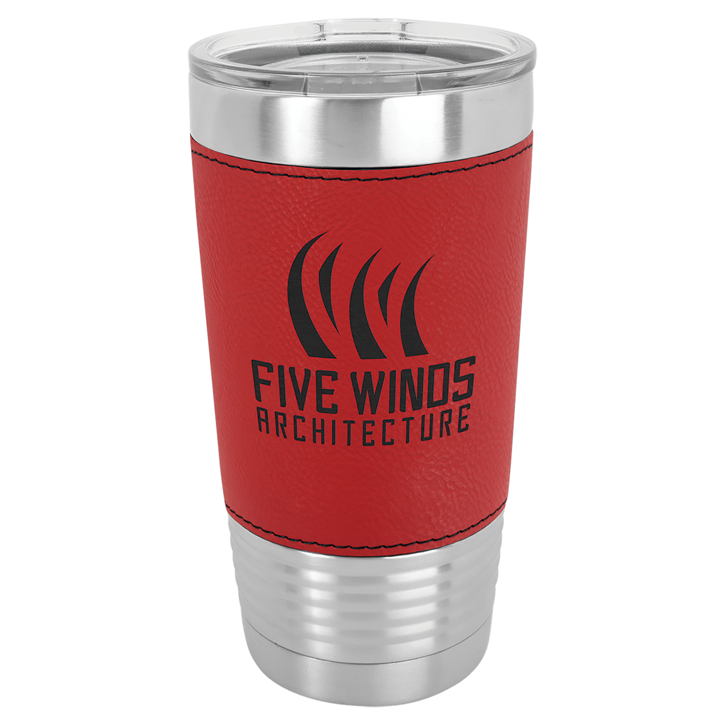 Personalized 20 oz. leatherette wrapped insulated tumbler with clear lid and custom engraved name