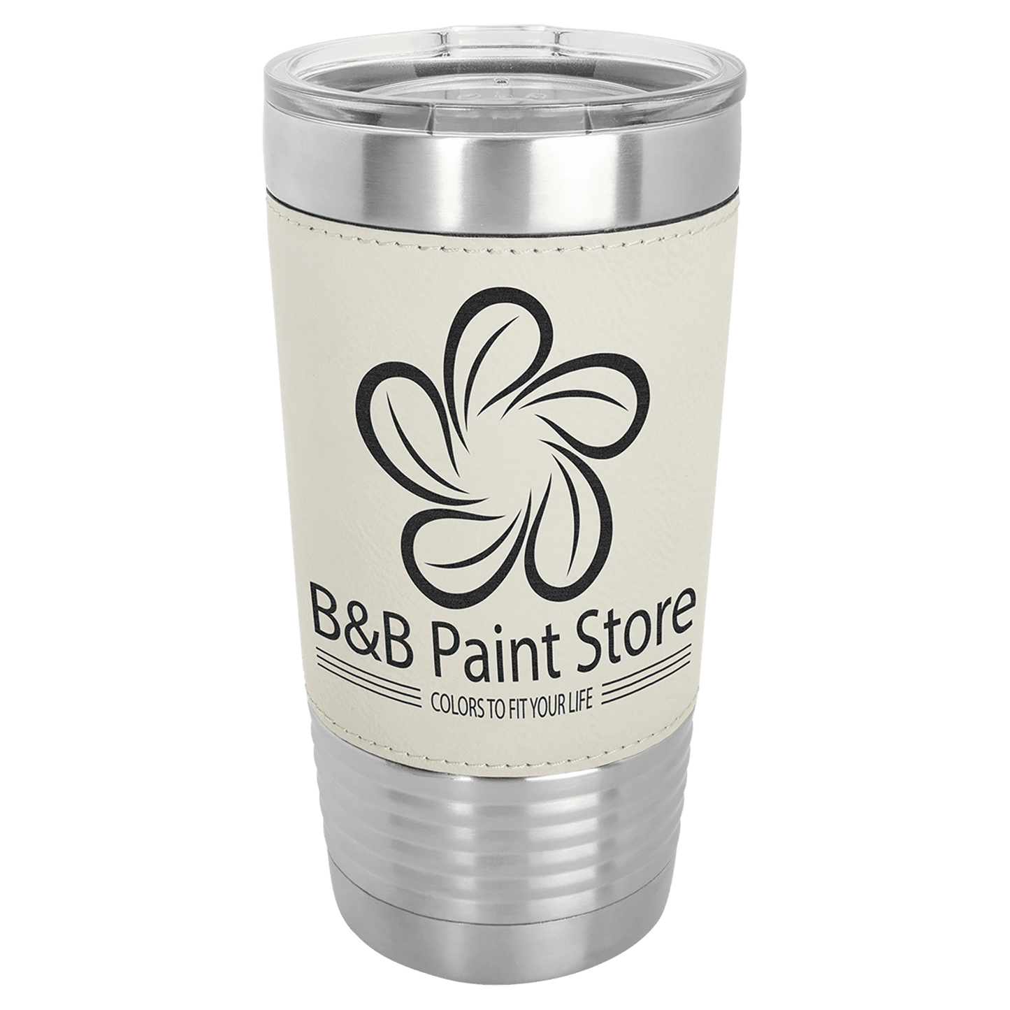 Personalized 20 oz. leatherette wrapped insulated tumbler with clear lid and custom engraved name