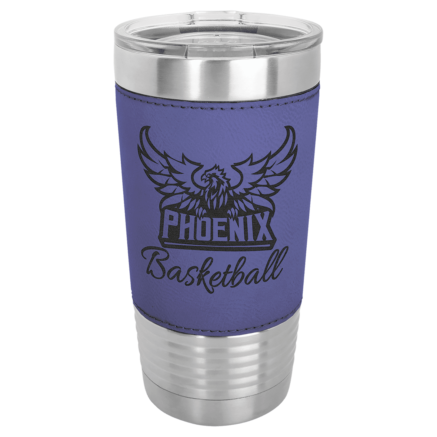 Personalized 20 oz. leatherette wrapped insulated tumbler with clear lid and custom engraved name