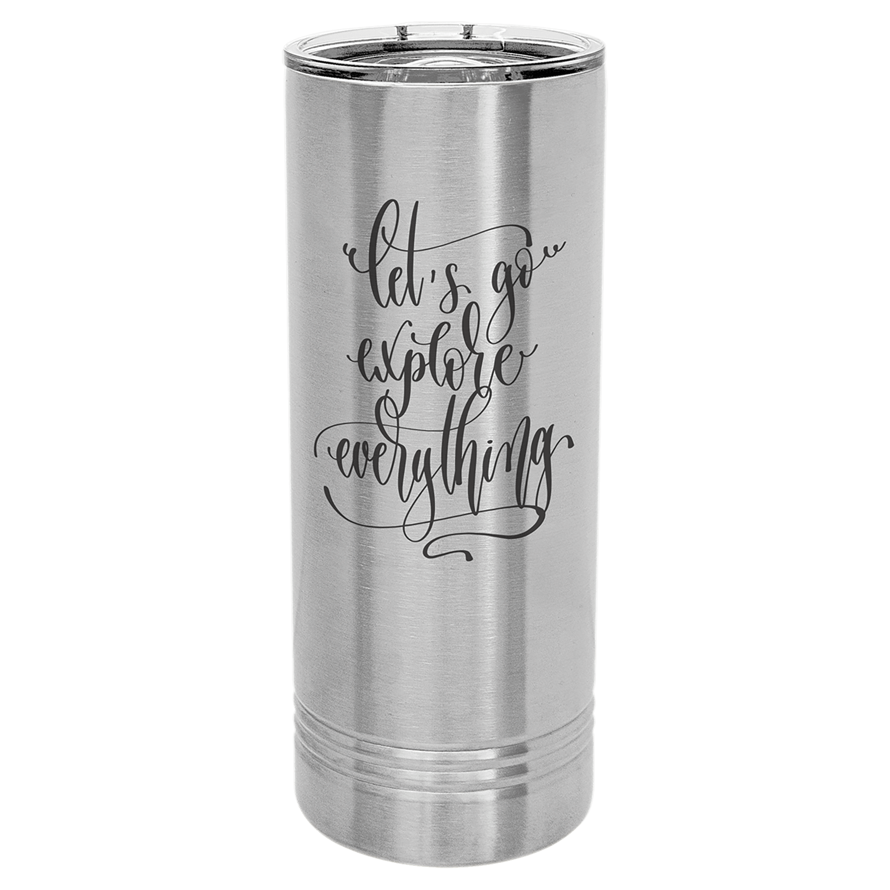 Personalized 22 oz. skinny stainless steel tumbler with slider lid and custom engraved name or message