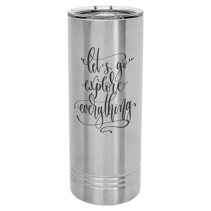 Personalized 22 oz. skinny stainless steel tumbler with slider lid and custom engraved name or message