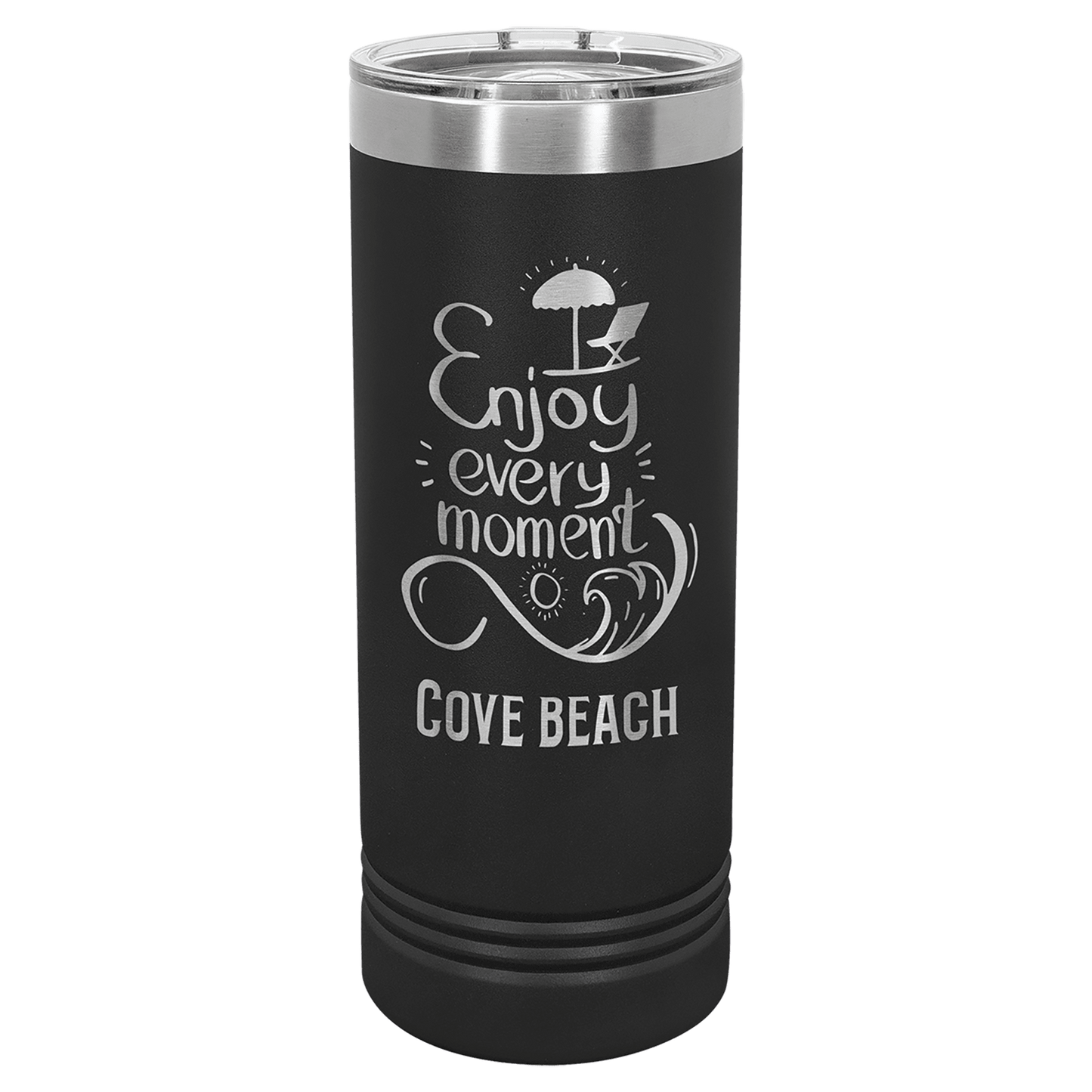 Personalized 22 oz. skinny stainless steel tumbler with slider lid and custom engraved name or message