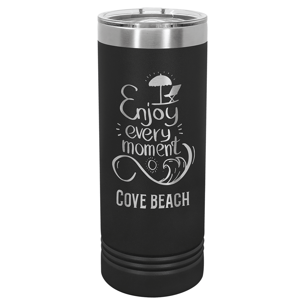 Personalized 22 oz. skinny stainless steel tumbler with slider lid and custom engraved name or message