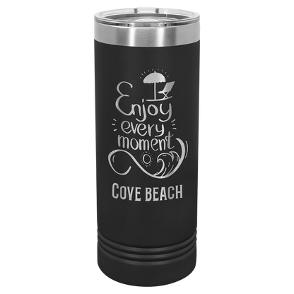 Personalized 22 oz. skinny stainless steel tumbler with slider lid and custom engraved name or message