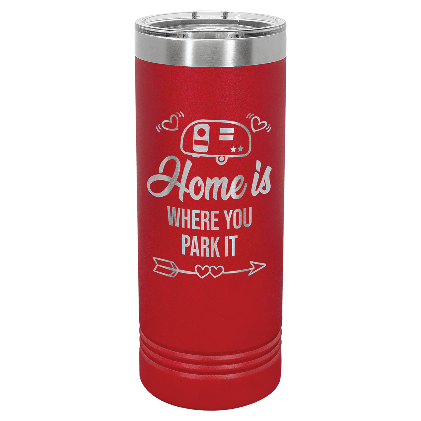 Personalized 22 oz. skinny stainless steel tumbler with slider lid and custom engraved name or message