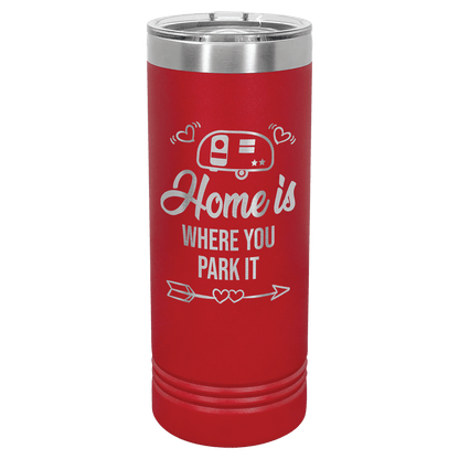 Personalized 22 oz. skinny stainless steel tumbler with slider lid and custom engraved name or message