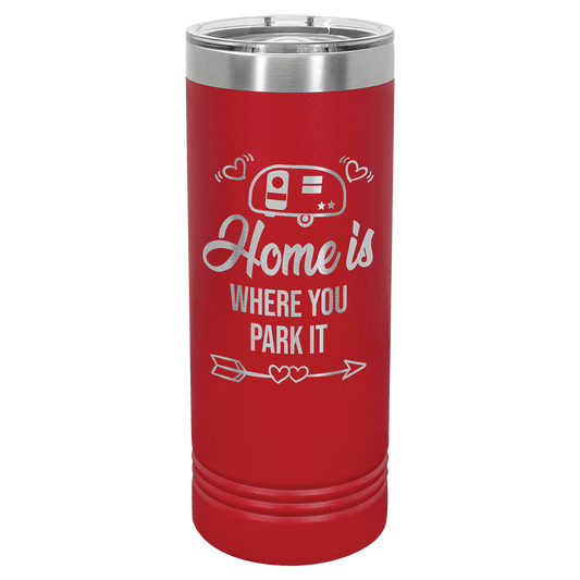 Personalized 22 oz. skinny stainless steel tumbler with slider lid and custom engraved name or message