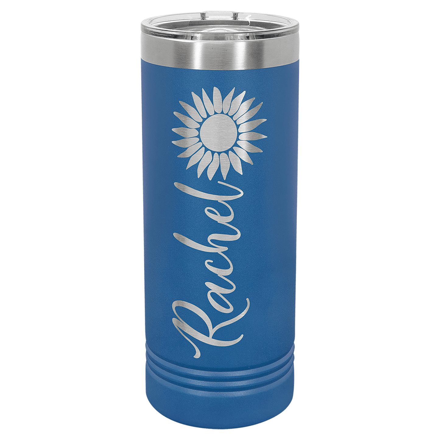 Personalized 22 oz. skinny stainless steel tumbler with slider lid and custom engraved name or message