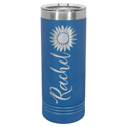 Personalized 22 oz. skinny stainless steel tumbler with slider lid and custom engraved name or message