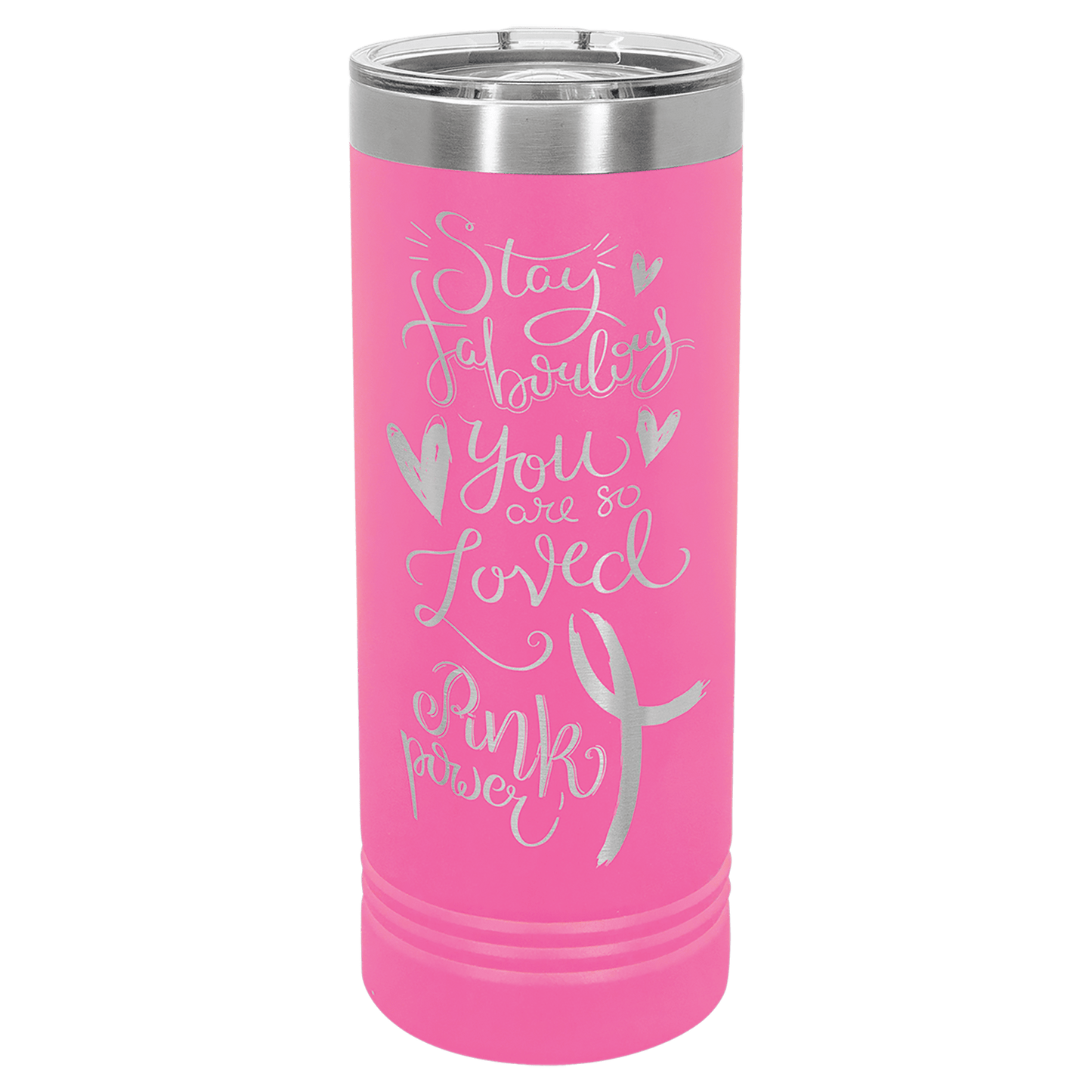 Personalized 22 oz. skinny stainless steel tumbler with slider lid and custom engraved name or message