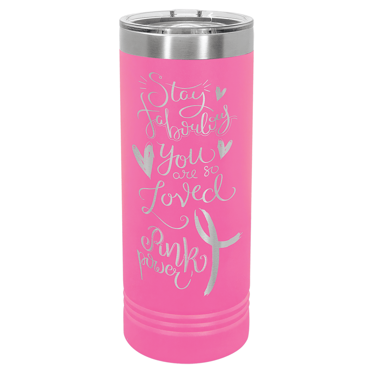 Personalized 22 oz. skinny stainless steel tumbler with slider lid and custom engraved name or message