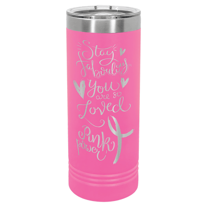 Personalized 22 oz. skinny stainless steel tumbler with slider lid and custom engraved name or message