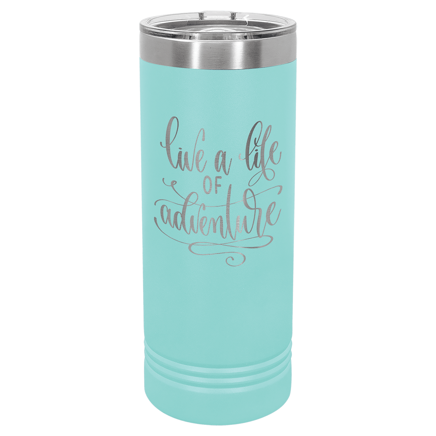 Personalized 22 oz. skinny stainless steel tumbler with slider lid and custom engraved name or message