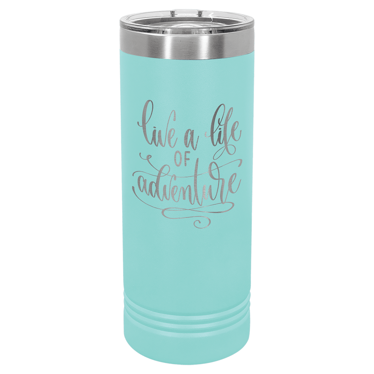 Personalized 22 oz. skinny stainless steel tumbler with slider lid and custom engraved name or message