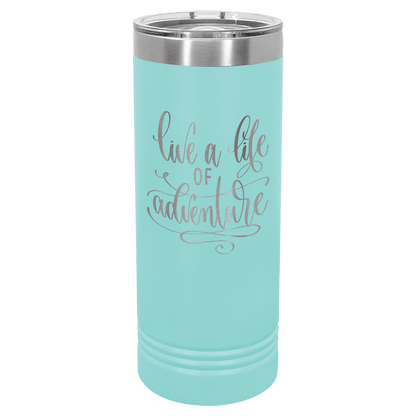 Personalized 22 oz. skinny stainless steel tumbler with slider lid and custom engraved name or message
