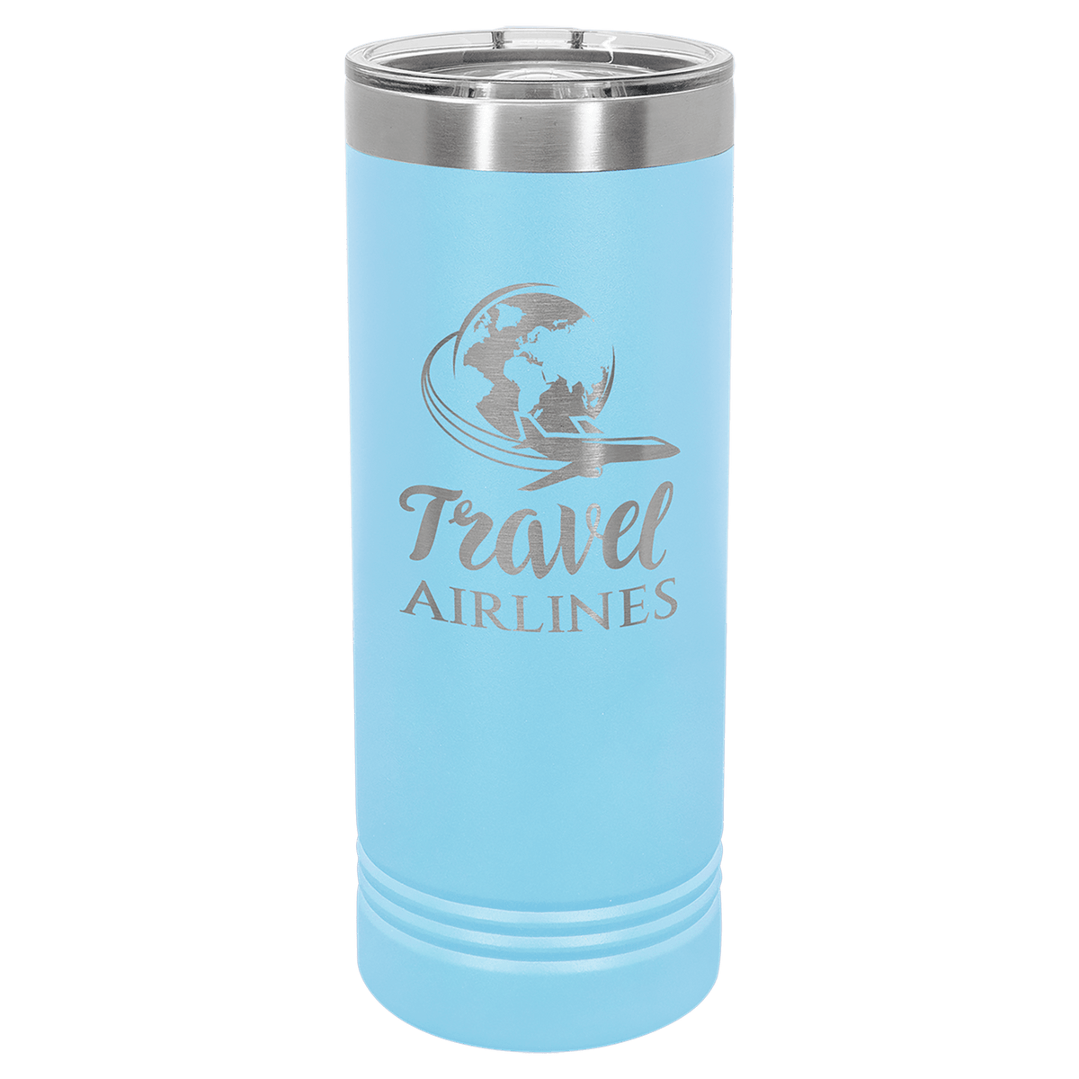 Personalized 22 oz. skinny stainless steel tumbler with slider lid and custom engraved name or message
