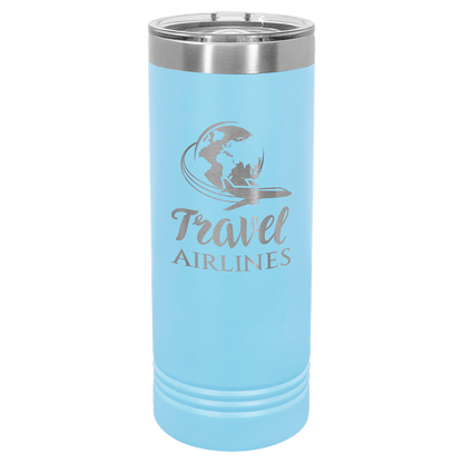 Personalized 22 oz. skinny stainless steel tumbler with slider lid and custom engraved name or message