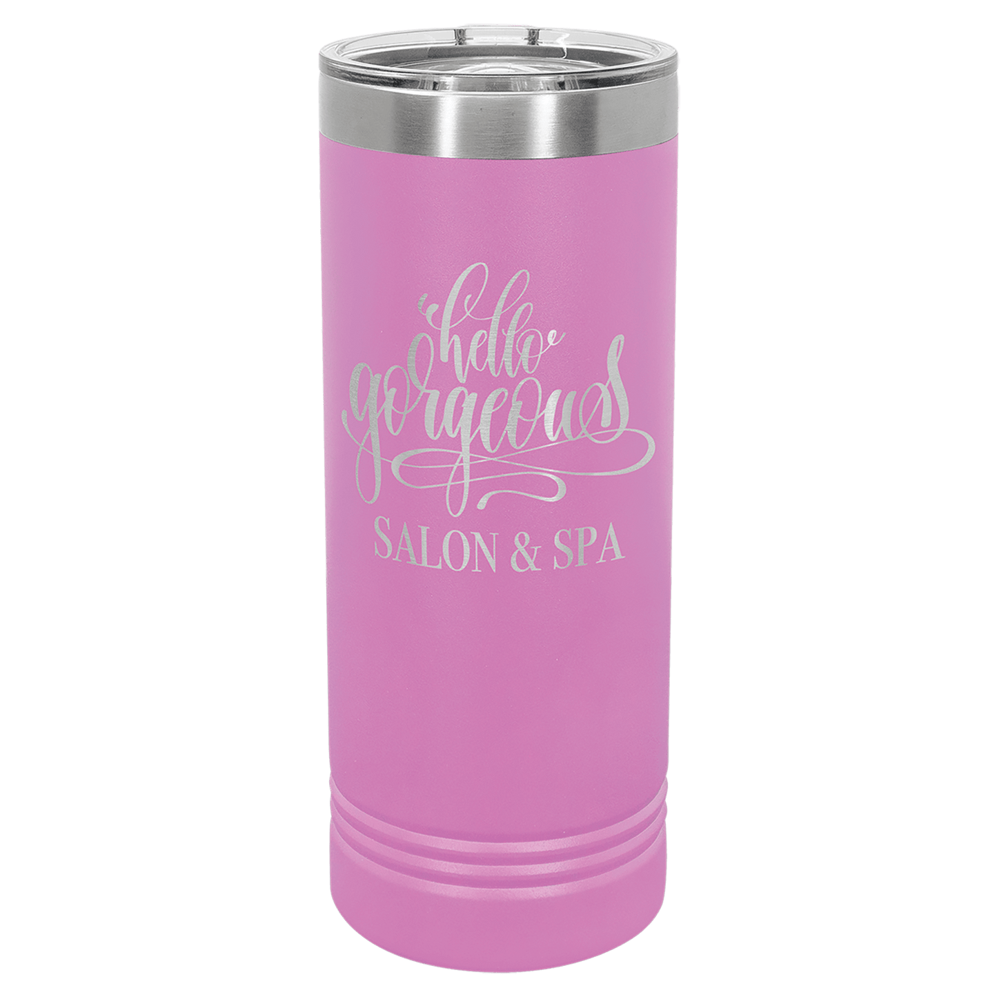 Personalized 22 oz. skinny stainless steel tumbler with slider lid and custom engraved name or message