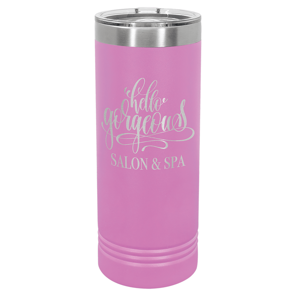 Personalized 22 oz. skinny stainless steel tumbler with slider lid and custom engraved name or message