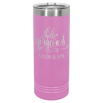 Personalized 22 oz. skinny stainless steel tumbler with slider lid and custom engraved name or message