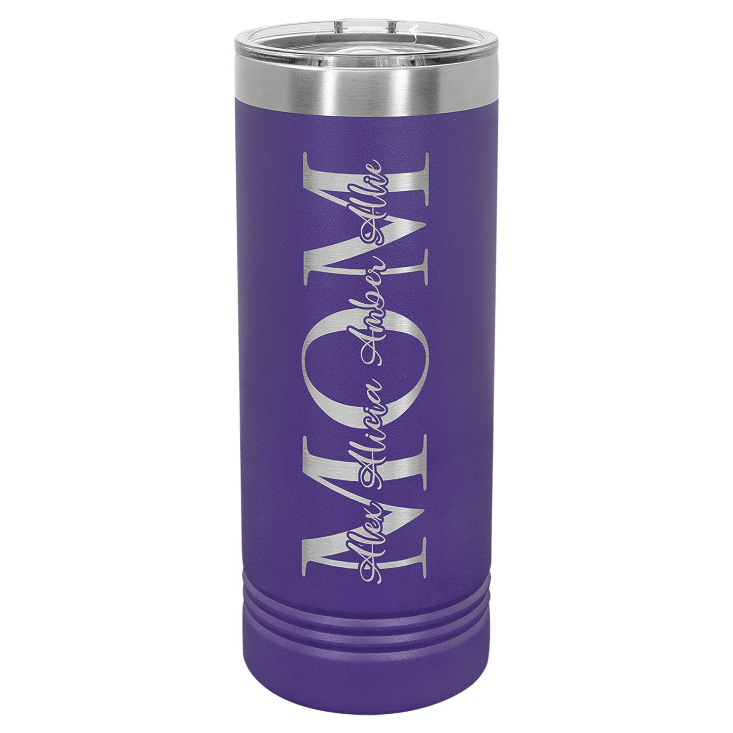 Personalized 22 oz. skinny stainless steel tumbler with slider lid and custom engraved name or message