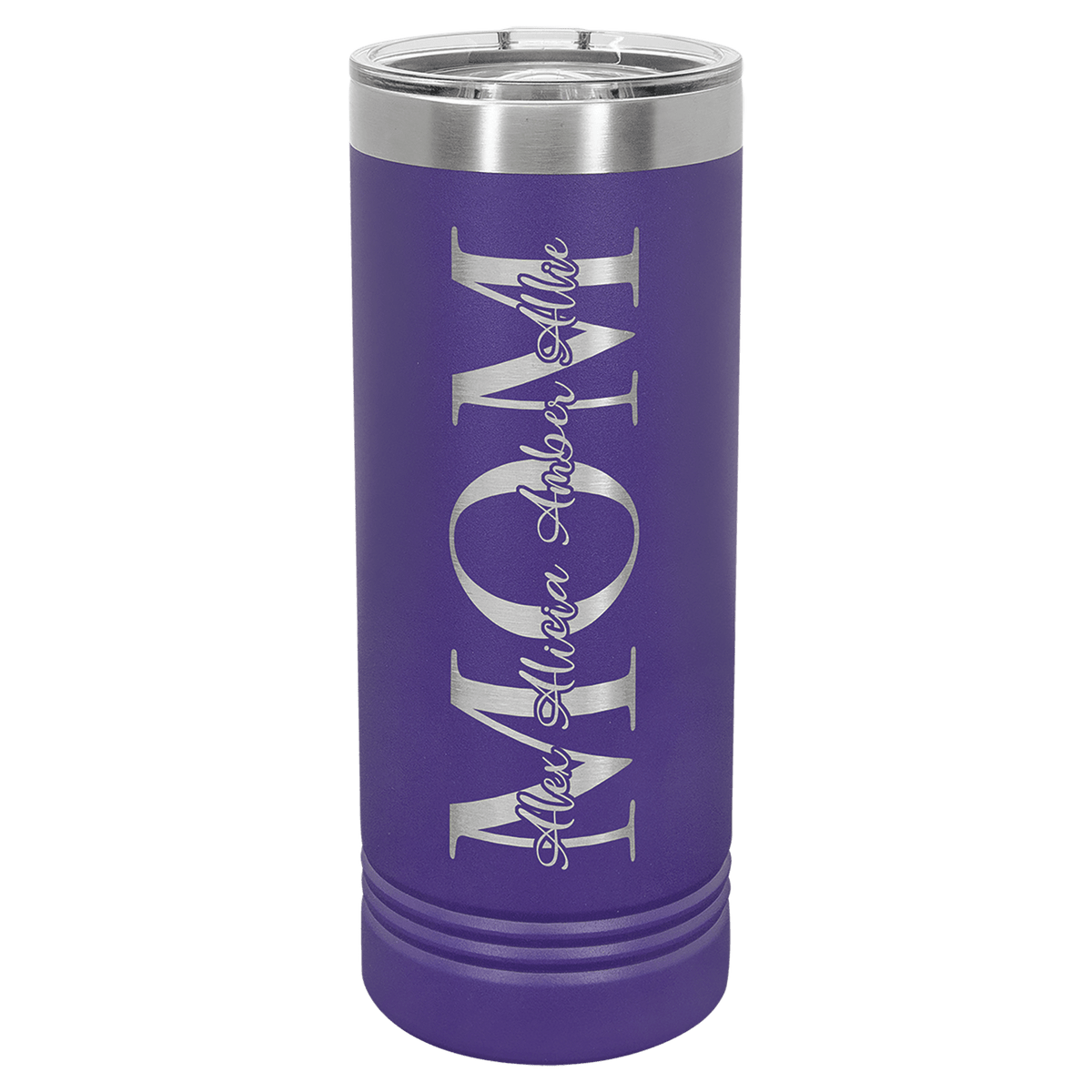 Personalized 22 oz. skinny stainless steel tumbler with slider lid and custom engraved name or message