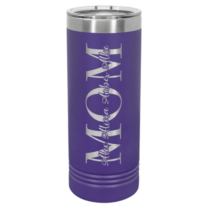 Personalized 22 oz. skinny stainless steel tumbler with slider lid and custom engraved name or message