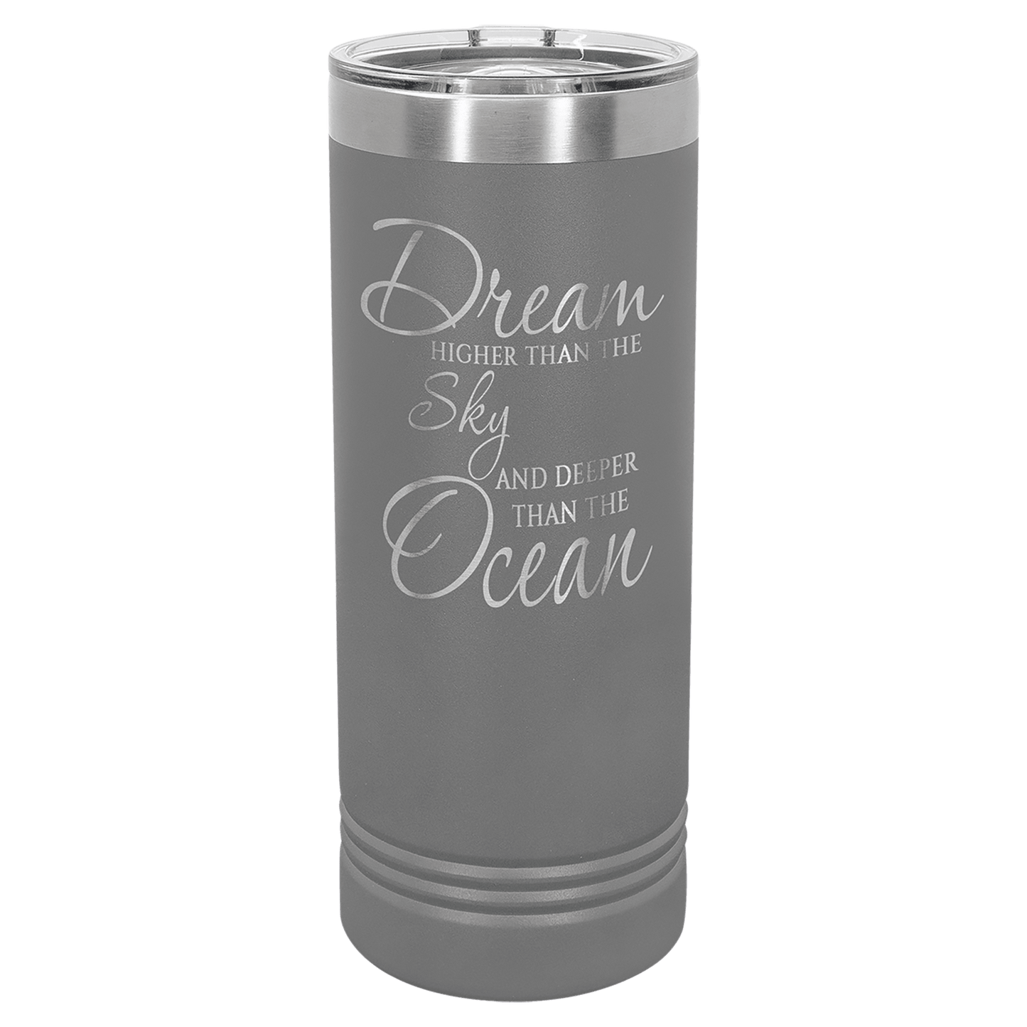 Personalized 22 oz. skinny stainless steel tumbler with slider lid and custom engraved name or message