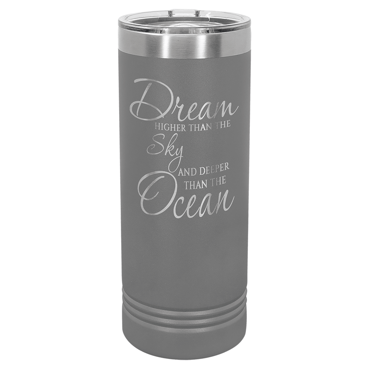 Personalized 22 oz. skinny stainless steel tumbler with slider lid and custom engraved name or message