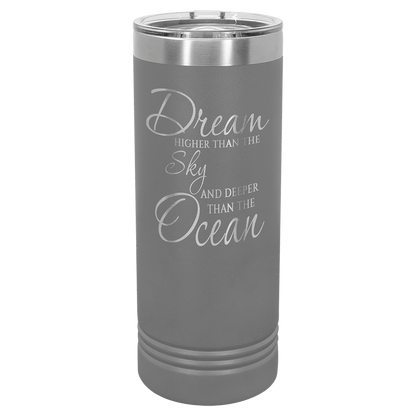 Personalized 22 oz. skinny stainless steel tumbler with slider lid and custom engraved name or message
