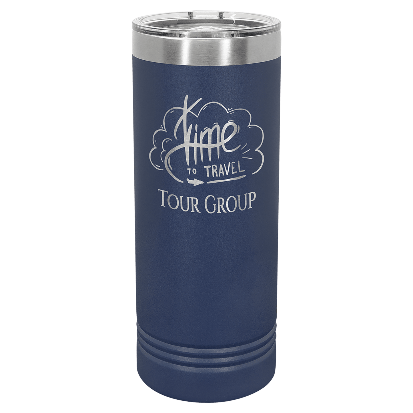 Personalized 22 oz. skinny stainless steel tumbler with slider lid and custom engraved name or message