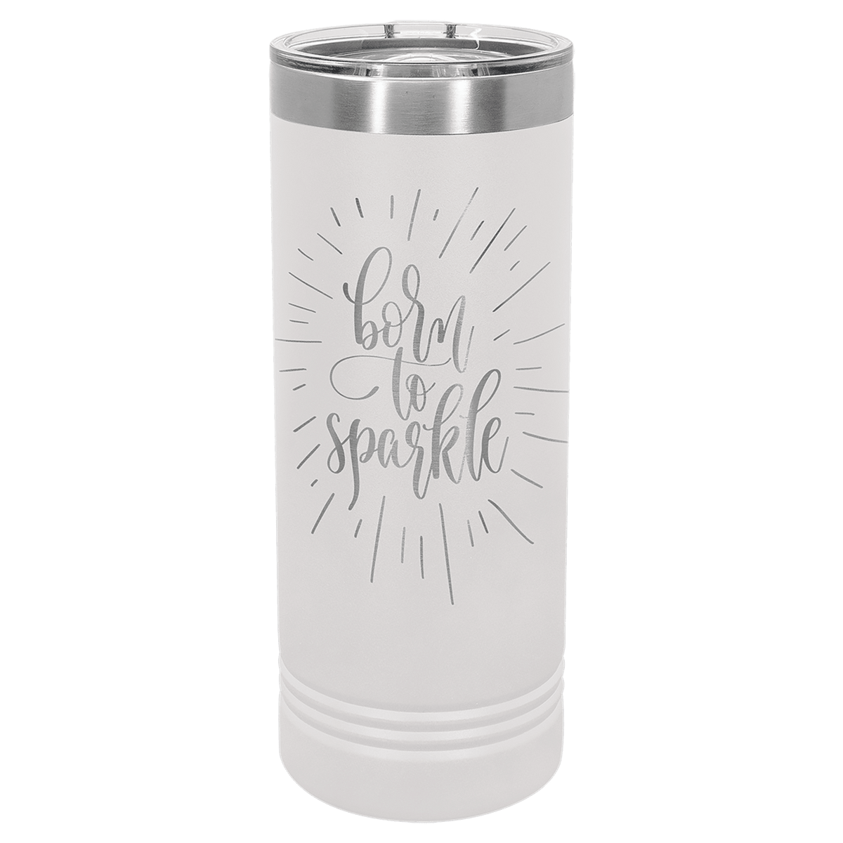 Personalized 22 oz. skinny stainless steel tumbler with slider lid and custom engraved name or message