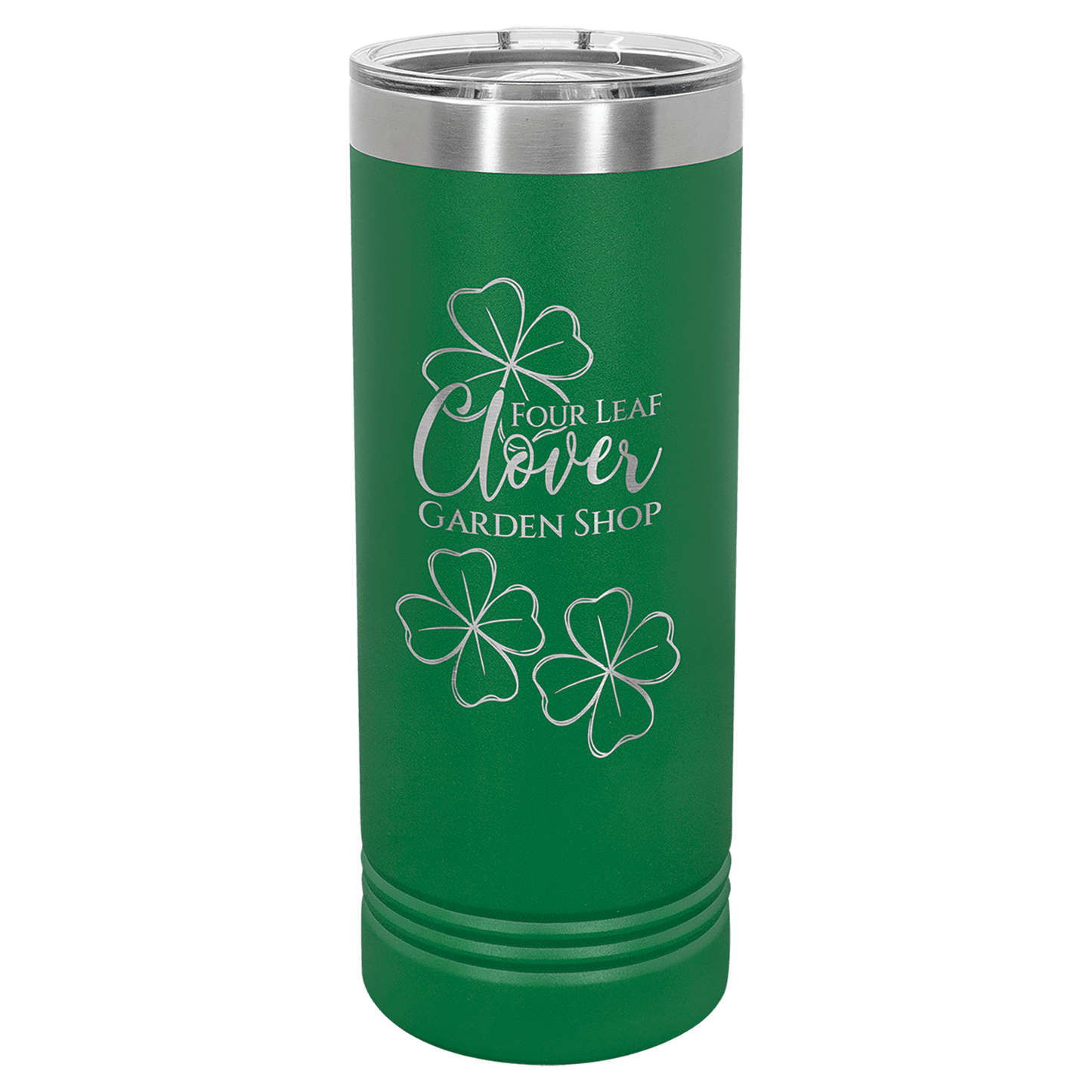 Personalized 22 oz. skinny stainless steel tumbler with slider lid and custom engraved name or message