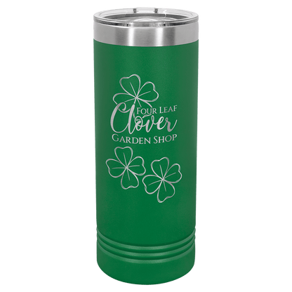 Personalized 22 oz. skinny stainless steel tumbler with slider lid and custom engraved name or message
