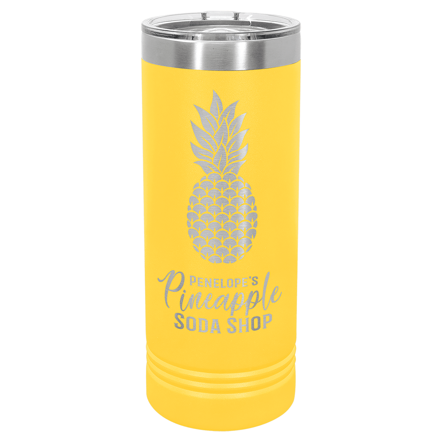 Personalized 22 oz. skinny stainless steel tumbler with slider lid and custom engraved name or message