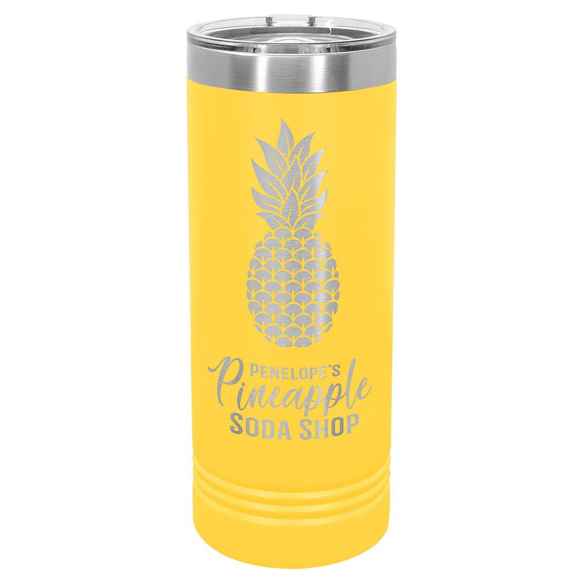 Personalized 22 oz. skinny stainless steel tumbler with slider lid and custom engraved name or message