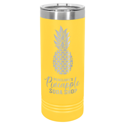 Personalized 22 oz. skinny stainless steel tumbler with slider lid and custom engraved name or message