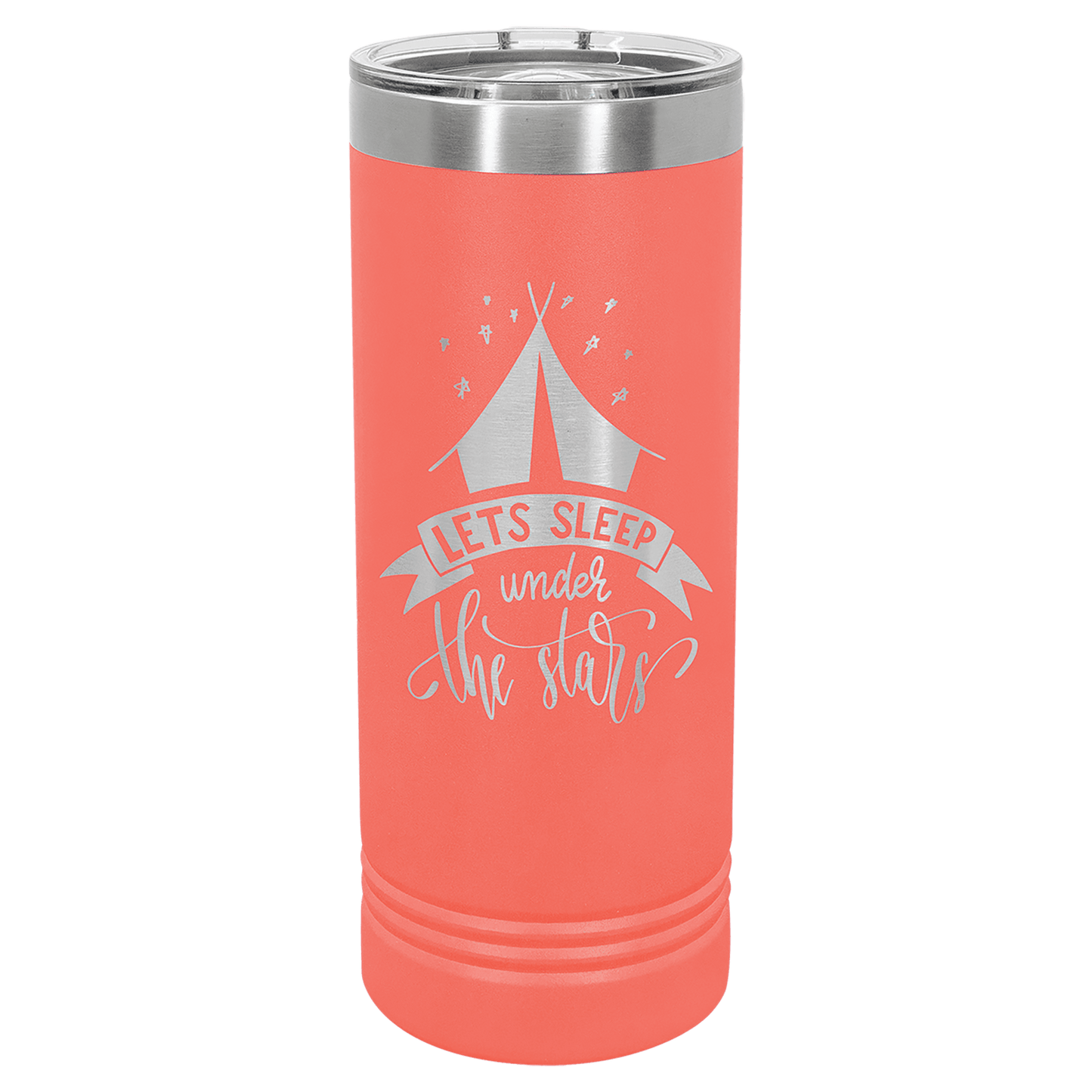 Personalized 22 oz. skinny stainless steel tumbler with slider lid and custom engraved name or message