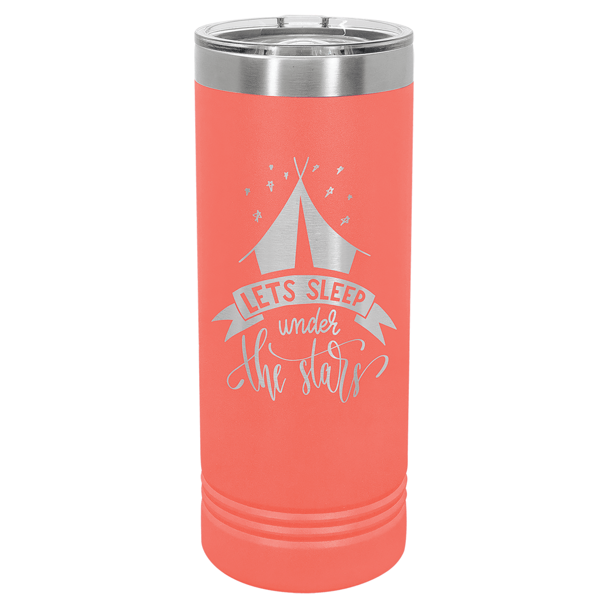 Personalized 22 oz. skinny stainless steel tumbler with slider lid and custom engraved name or message