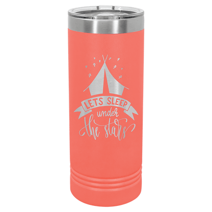 Personalized 22 oz. skinny stainless steel tumbler with slider lid and custom engraved name or message