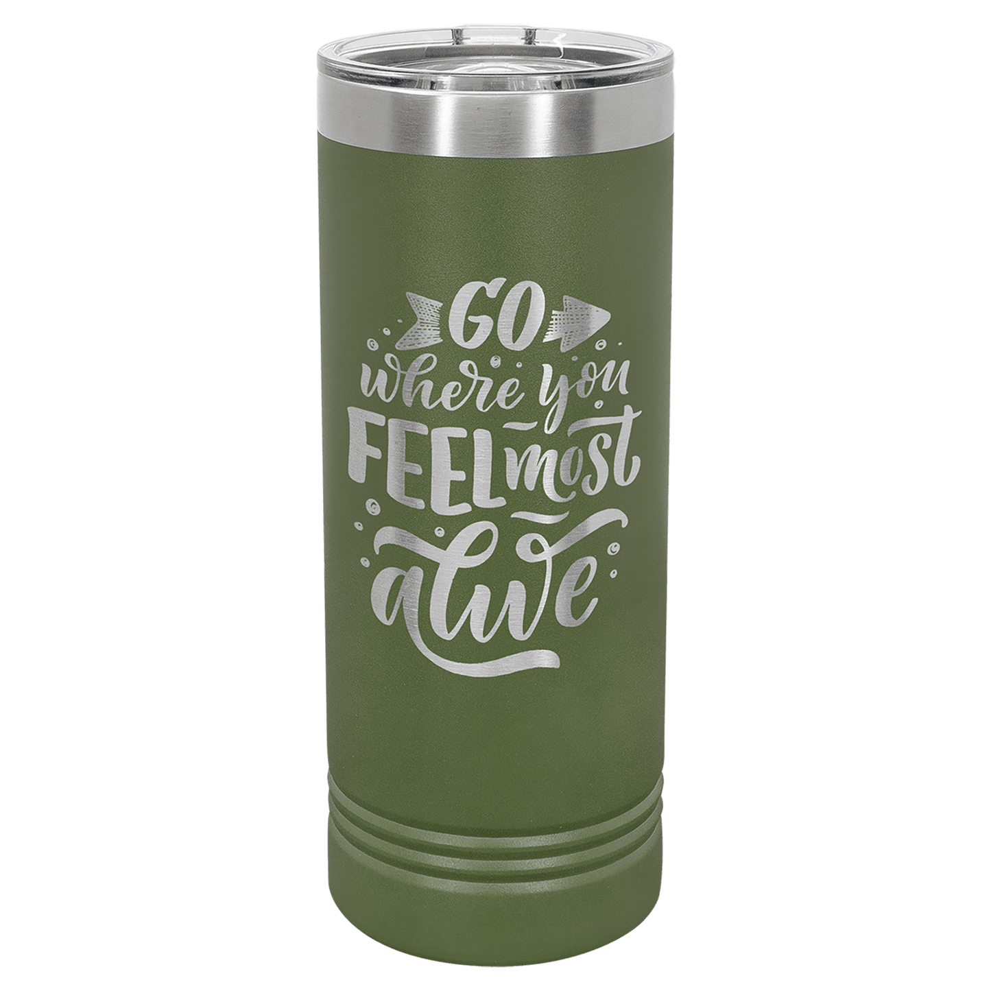 Personalized 22 oz. skinny stainless steel tumbler with slider lid and custom engraved name or message