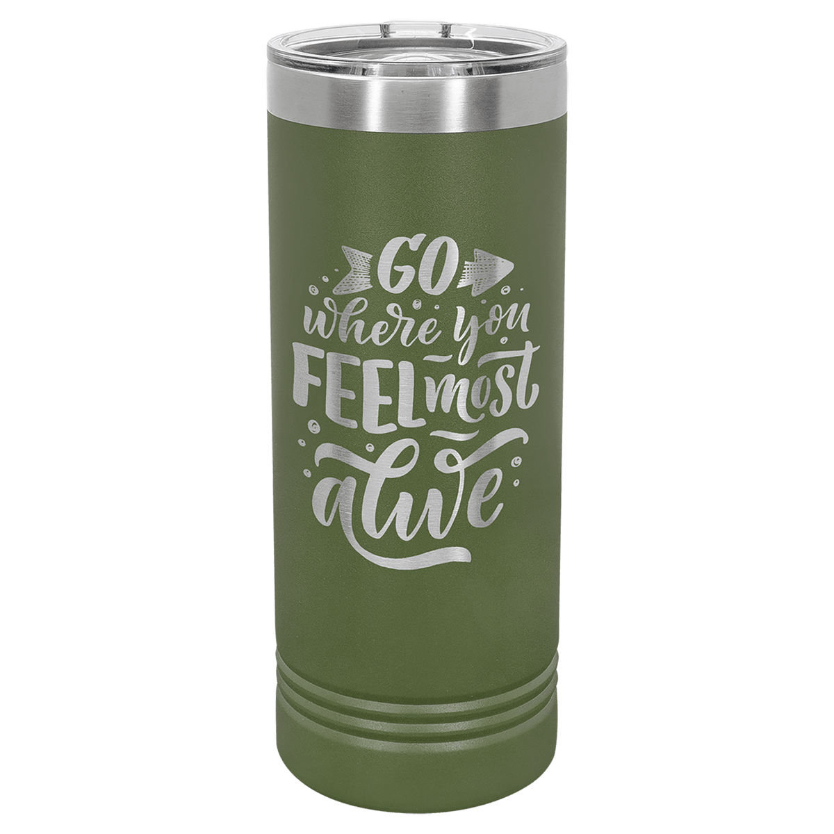 Personalized 22 oz. skinny stainless steel tumbler with slider lid and custom engraved name or message