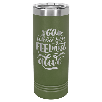 Personalized 22 oz. skinny stainless steel tumbler with slider lid and custom engraved name or message