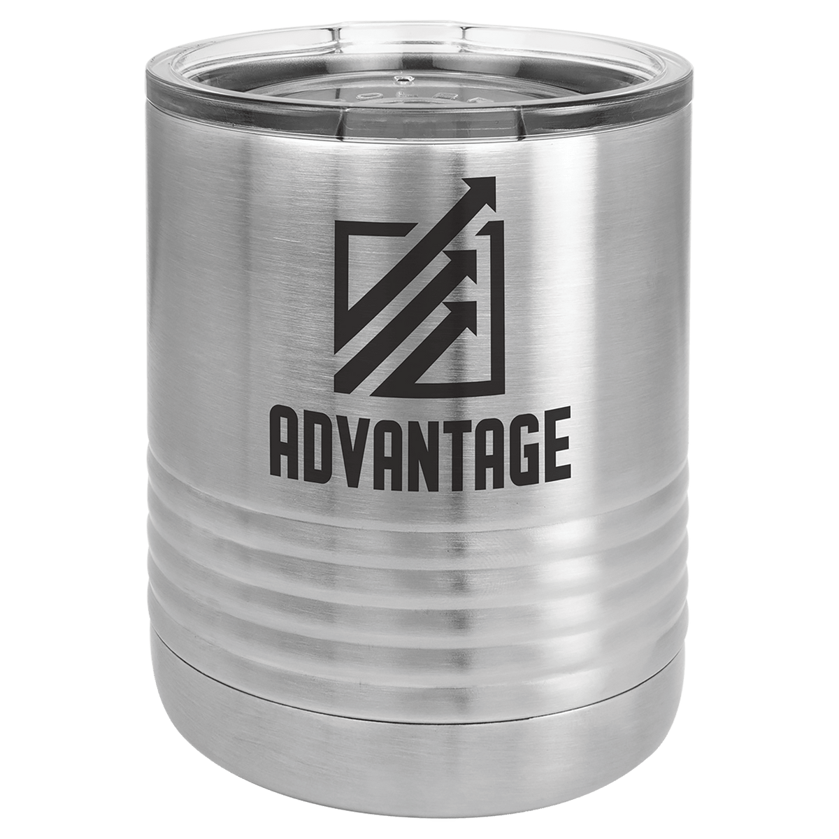 Personalized 10 oz. insulated stainless steel ringneck tumbler with clear lid and custom engraved design