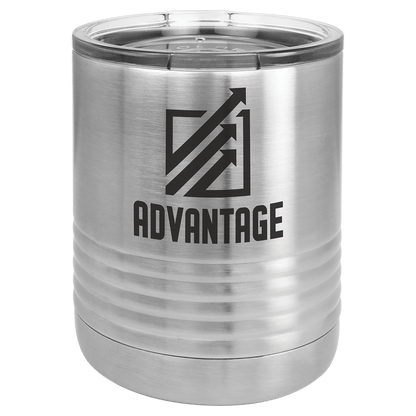 Personalized 10 oz. insulated stainless steel ringneck tumbler with clear lid and custom engraved design