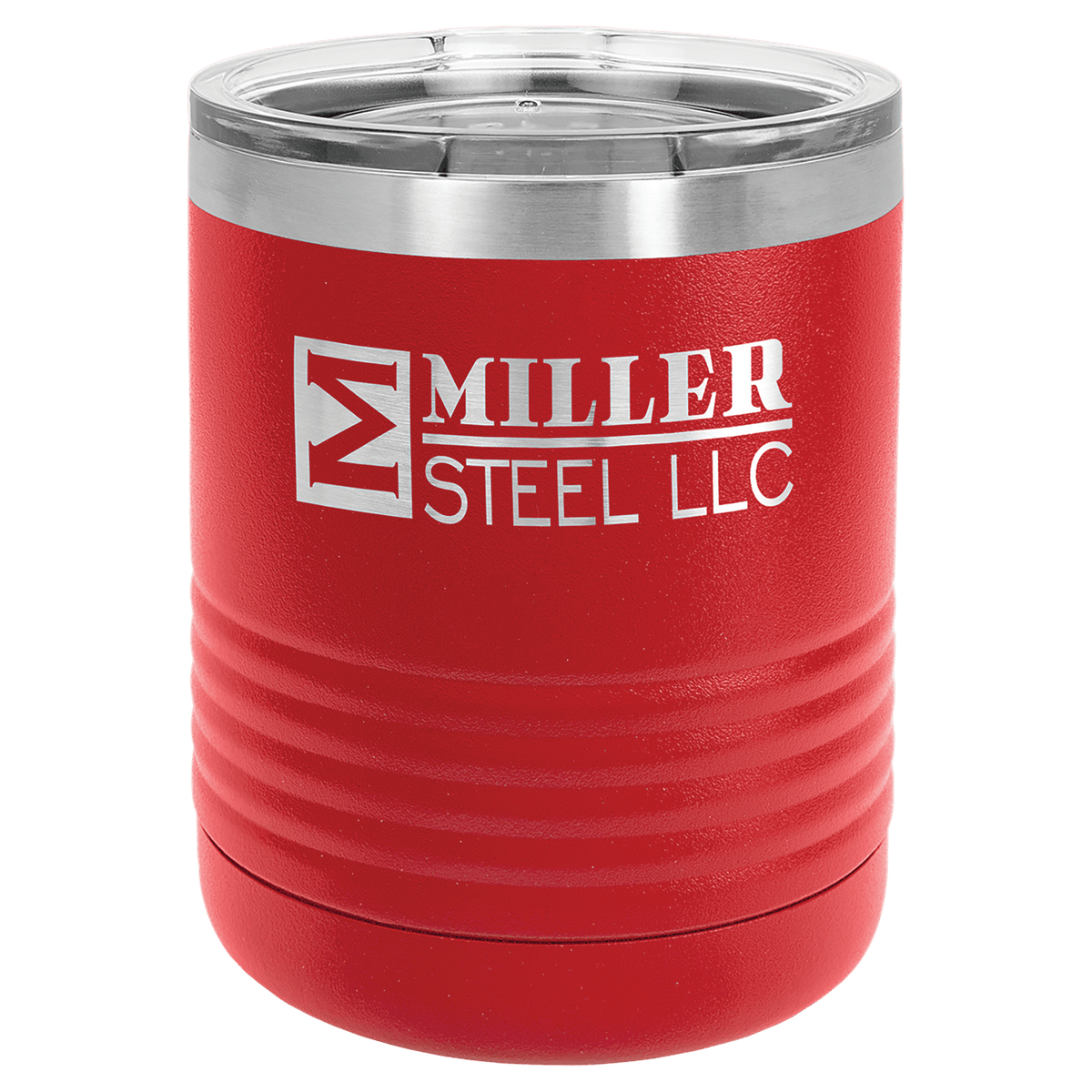 Personalized 10 oz. insulated stainless steel ringneck tumbler with clear lid and custom engraved design
