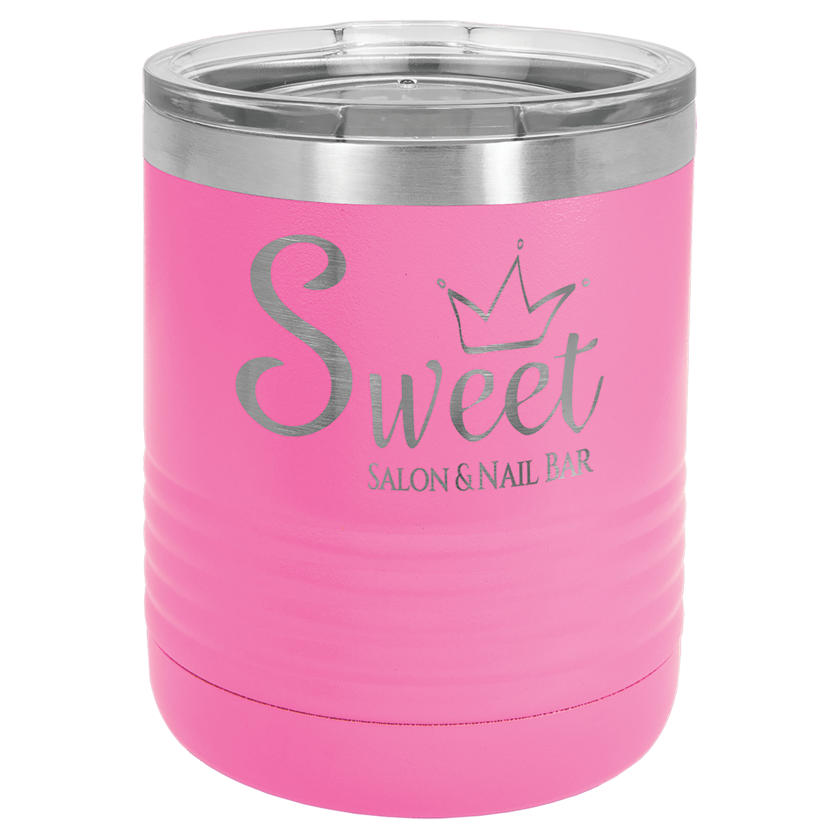 Personalized 10 oz. insulated stainless steel ringneck tumbler with clear lid and custom engraved design