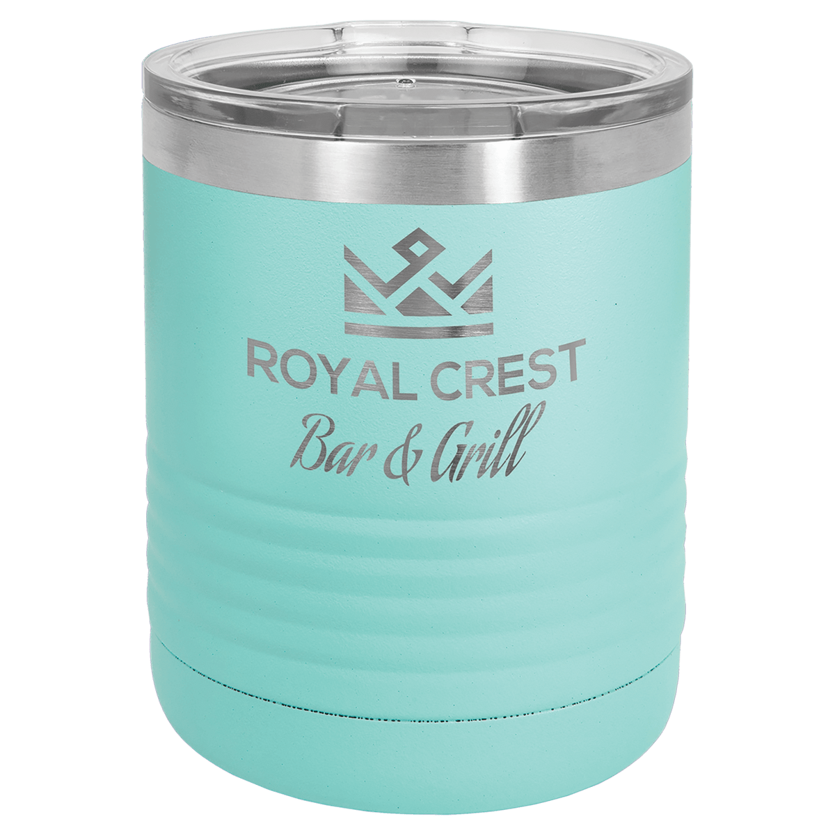 Personalized 10 oz. insulated stainless steel ringneck tumbler with clear lid and custom engraved design